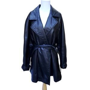 Vintage Wilsons Leather Black Belted Trench Coat Collared Cuff Sleeves Sz Large